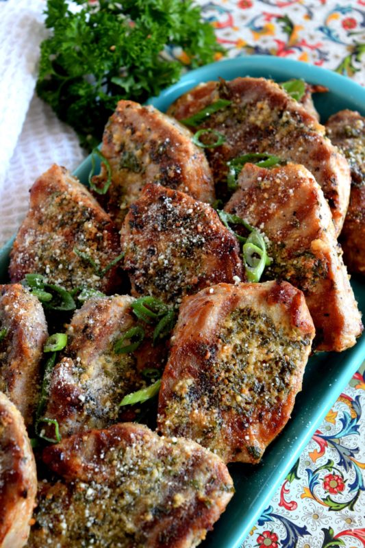 garlicky butter chive parmesan pork chops